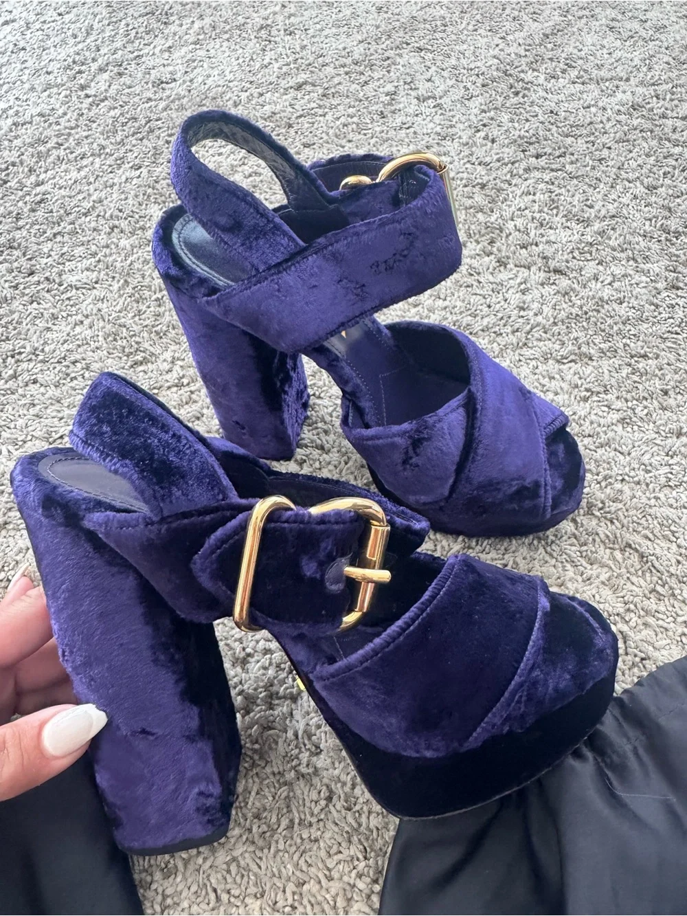 Prada Purple Velvet Platform Heels with Gold Buckle